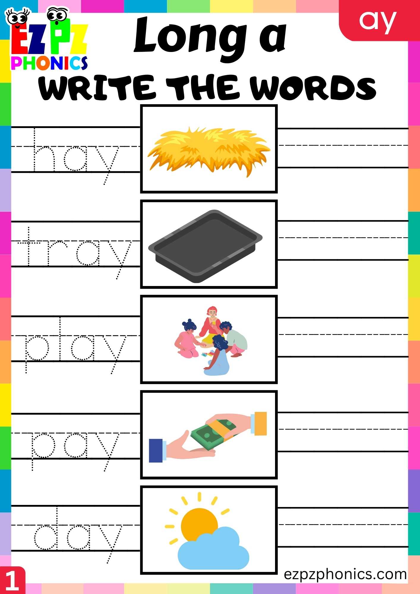 Group1 AY Words Write The Words Long A Phonics Worksheet